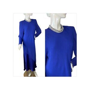 1980s purple gown with rhinestone neckline and satin gores by Miss Elliette